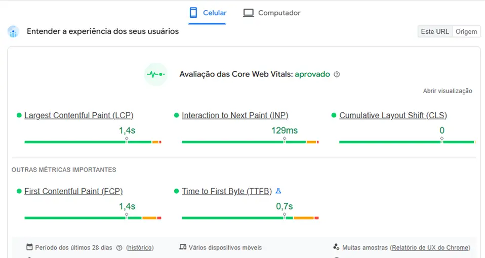 Core Web Vitals aprovados no Search Console